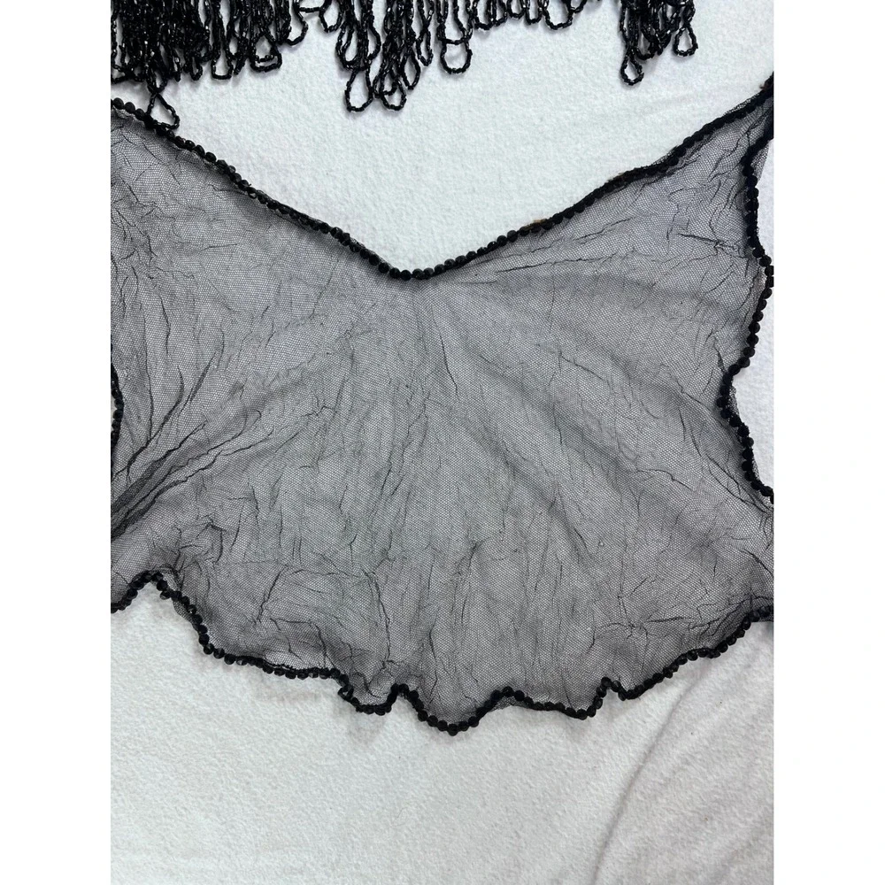 Vintage‎ Black Beaded Fringe Panel and Sheer Mesh Scalloped Shawl pieces for sew